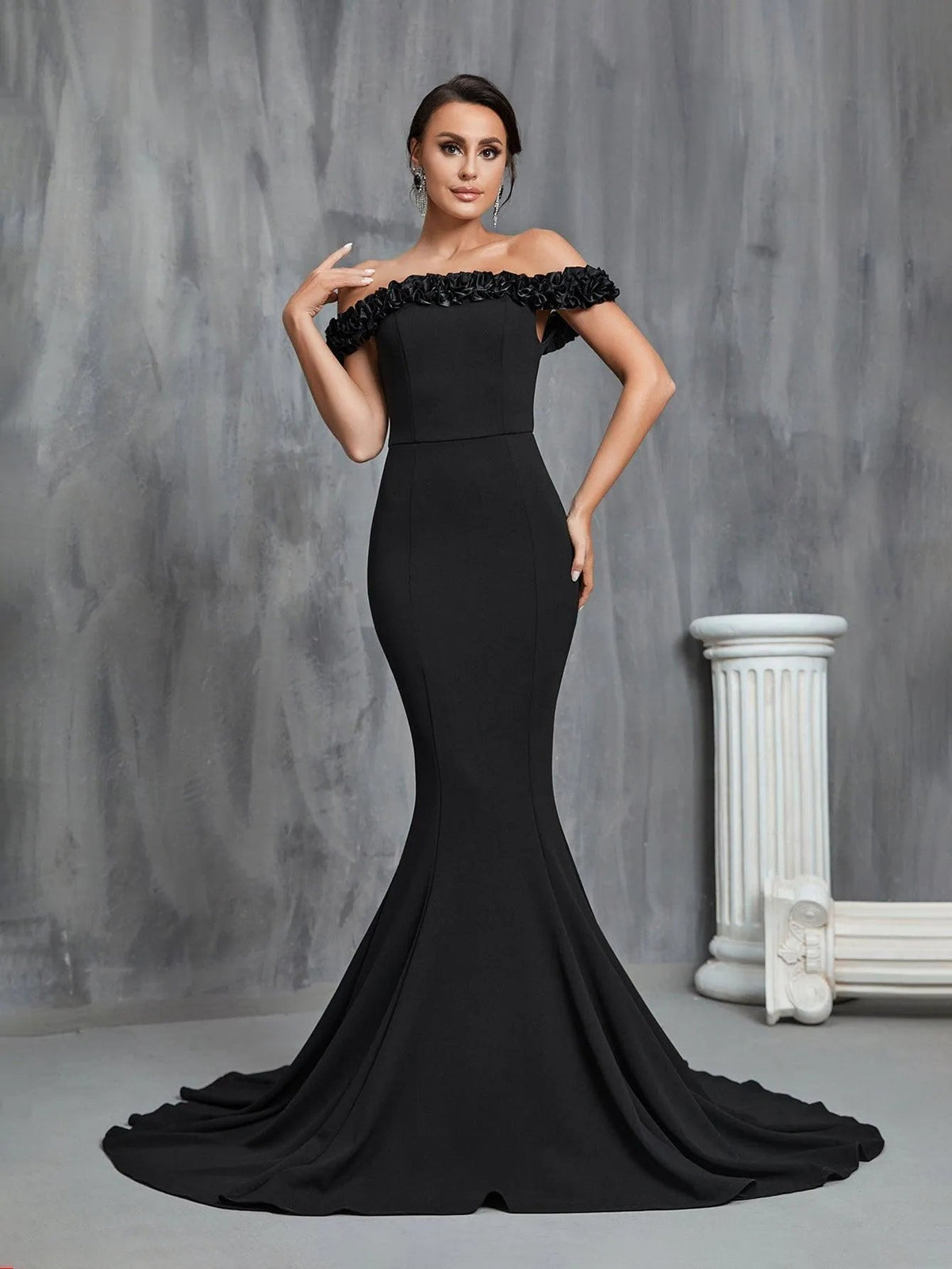 Additional product view of Ruffle Trim Mermaid Hem Knit Off-Shoulder Short-Sleeve Wedding Dress