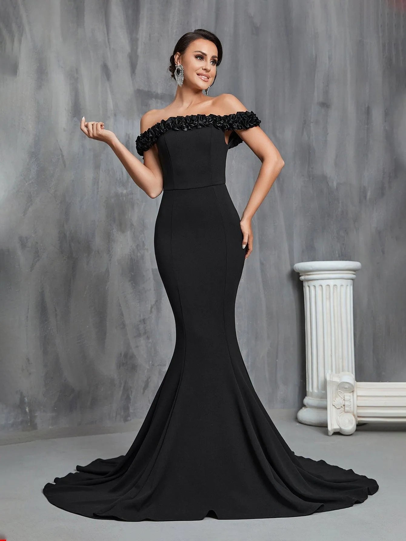 Additional product view of Ruffle Trim Mermaid Hem Knit Off-Shoulder Short-Sleeve Wedding Dress