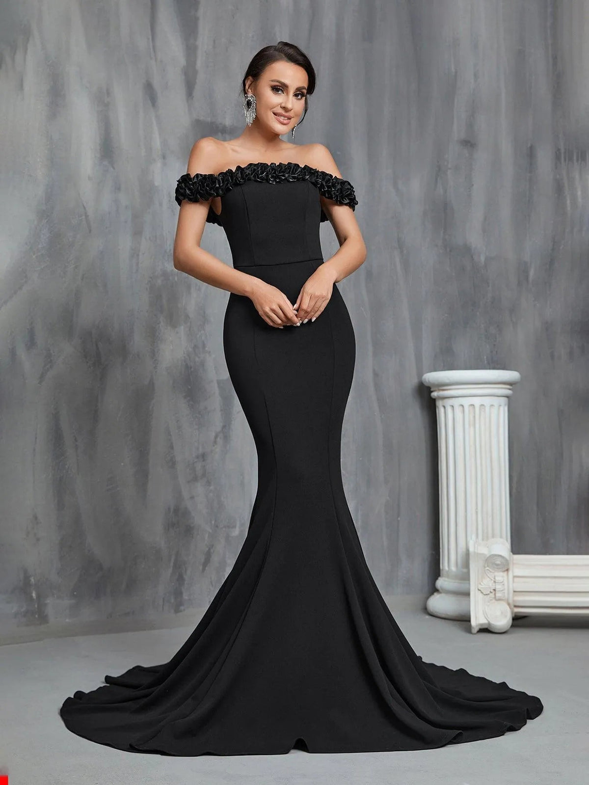 Additional product view of Ruffle Trim Mermaid Hem Knit Off-Shoulder Short-Sleeve Wedding Dress