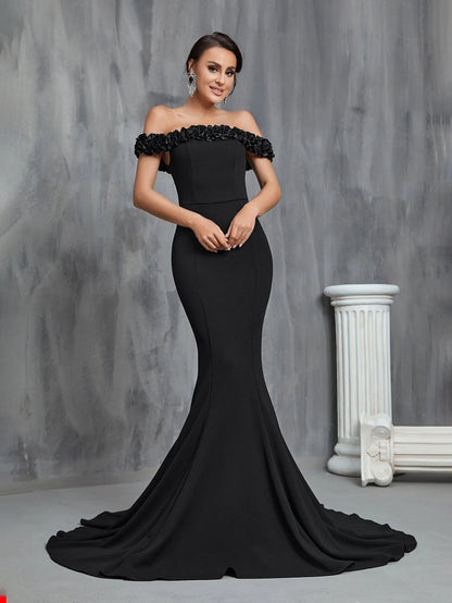 Additional product view of Ruffle Trim Mermaid Hem Knit Off-Shoulder Short-Sleeve Wedding Dress
