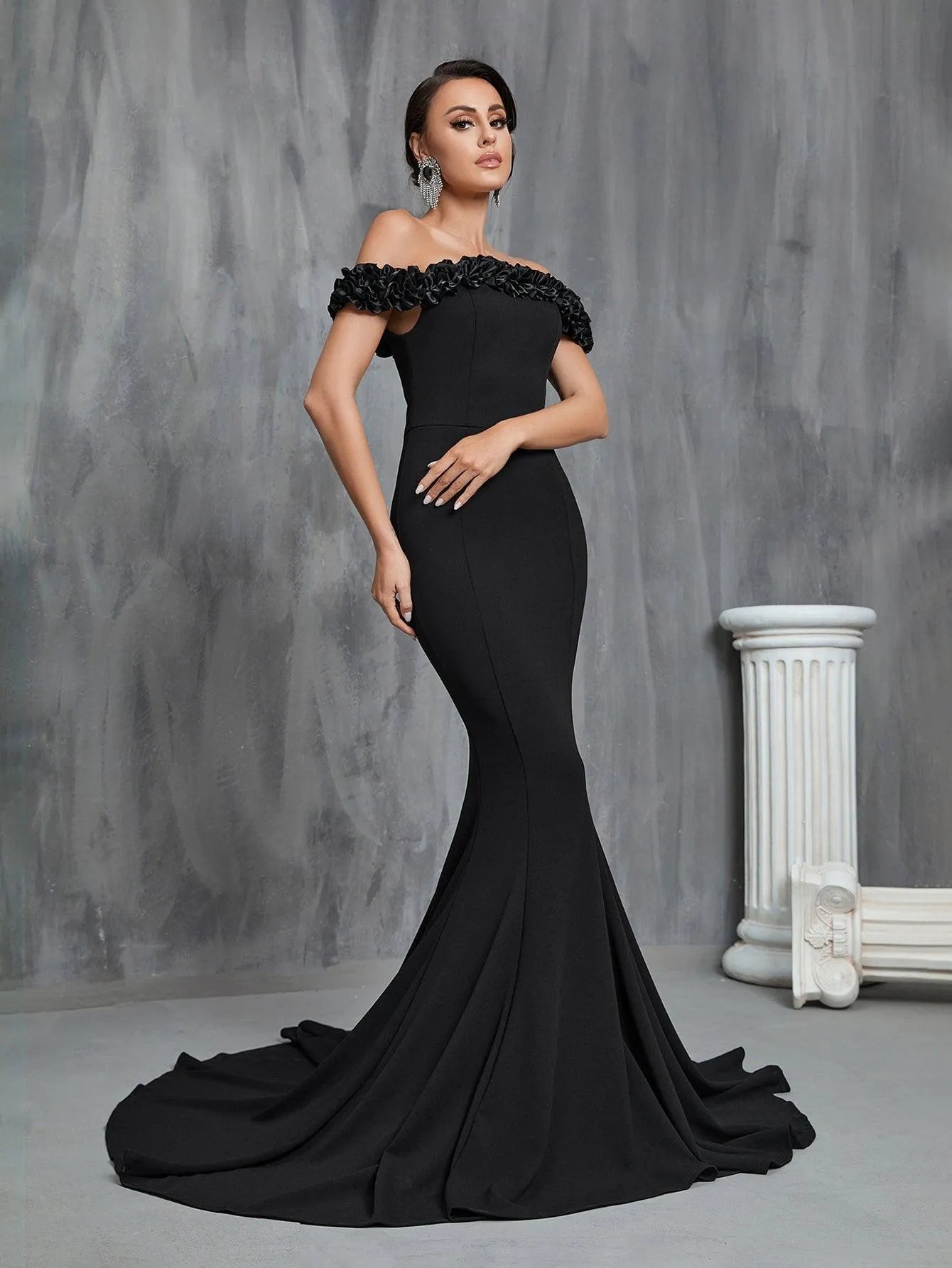 Additional product view of Ruffle Trim Mermaid Hem Knit Off-Shoulder Short-Sleeve Wedding Dress