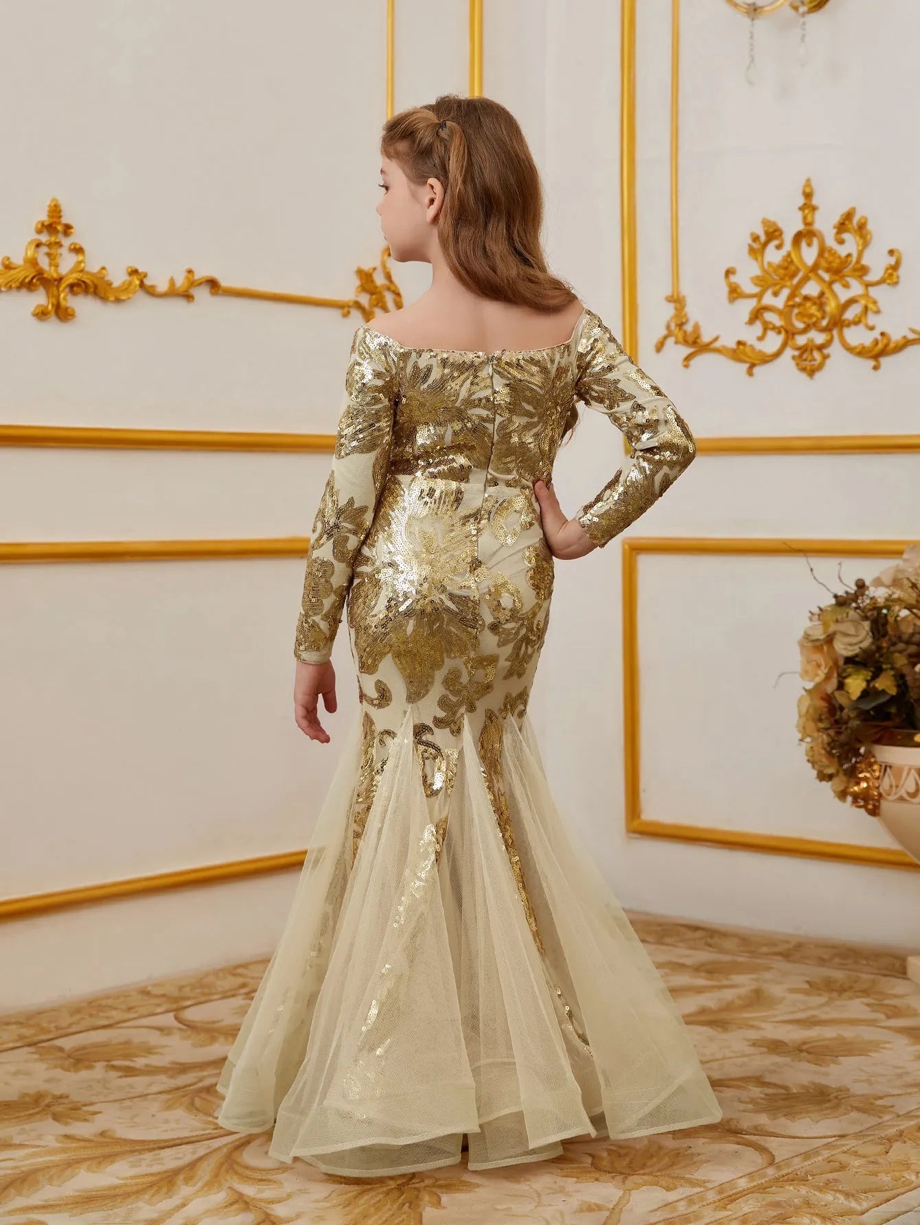 Additional product view of Contrast Mesh Mermaid Hem Off-Shoulder Sequin Long-Sleeve Tween Girls' Party Dress