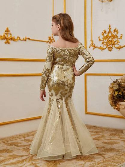 Additional product view of Contrast Mesh Mermaid Hem Off-Shoulder Sequin Long-Sleeve Tween Girls' Party Dress
