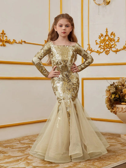 Additional product view of Contrast Mesh Mermaid Hem Off-Shoulder Sequin Long-Sleeve Tween Girls' Party Dress