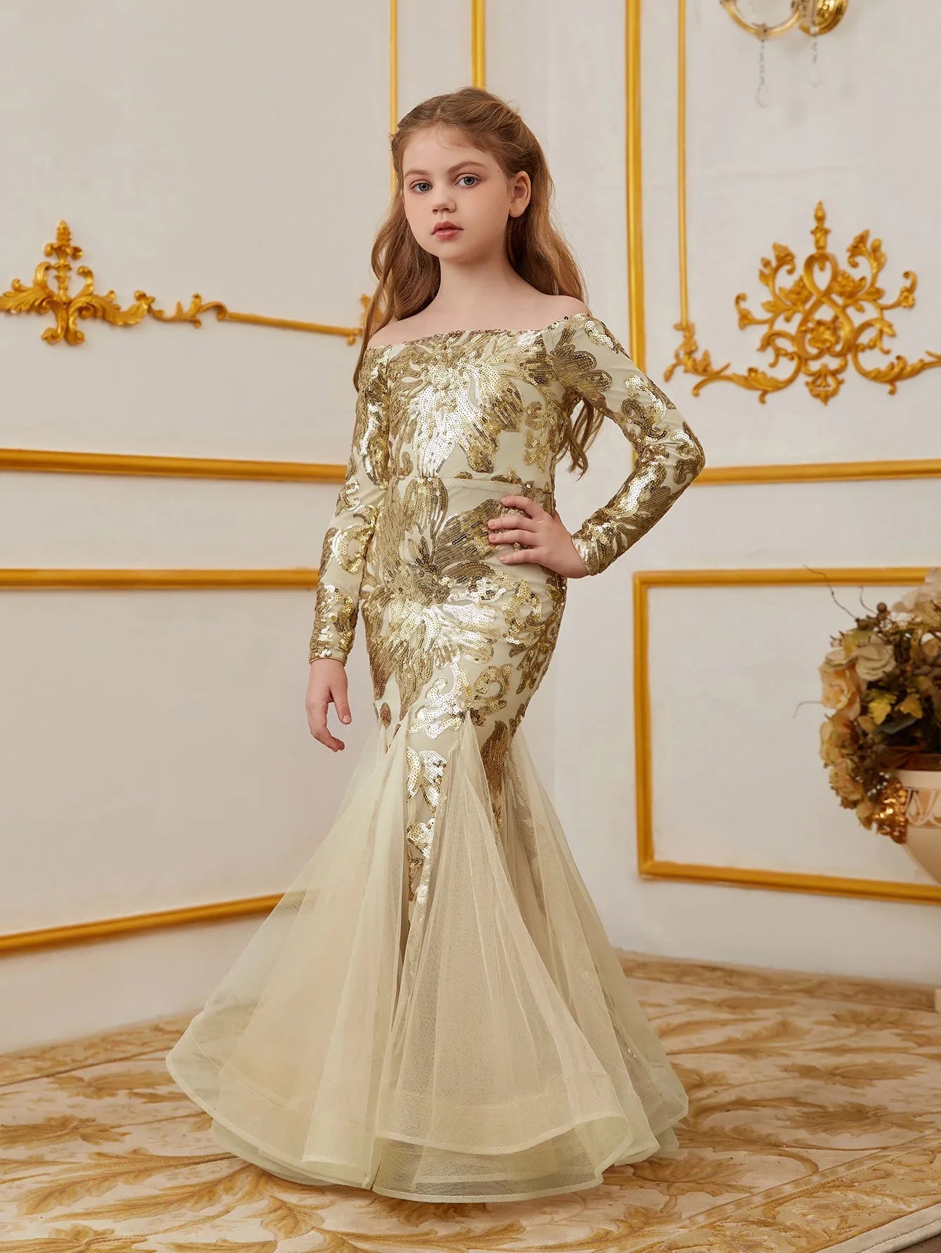 Additional product view of Contrast Mesh Mermaid Hem Off-Shoulder Sequin Long-Sleeve Tween Girls' Party Dress