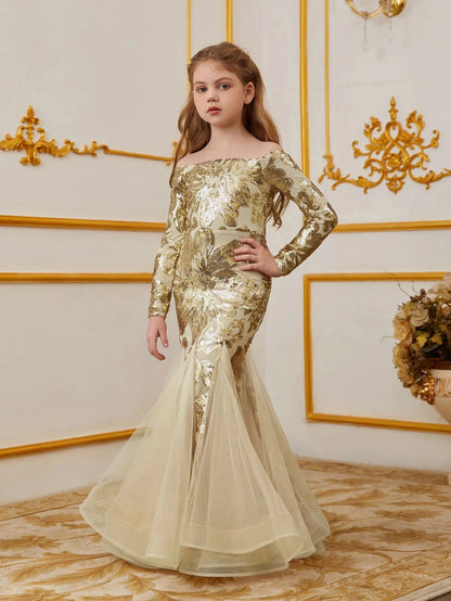 Additional product view of Contrast Mesh Mermaid Hem Off-Shoulder Sequin Long-Sleeve Tween Girls' Party Dress