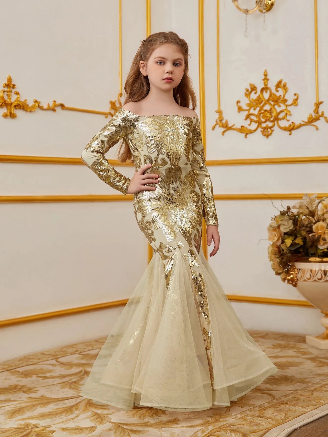 Additional product view of Contrast Mesh Mermaid Hem Off-Shoulder Sequin Long-Sleeve Tween Girls' Party Dress