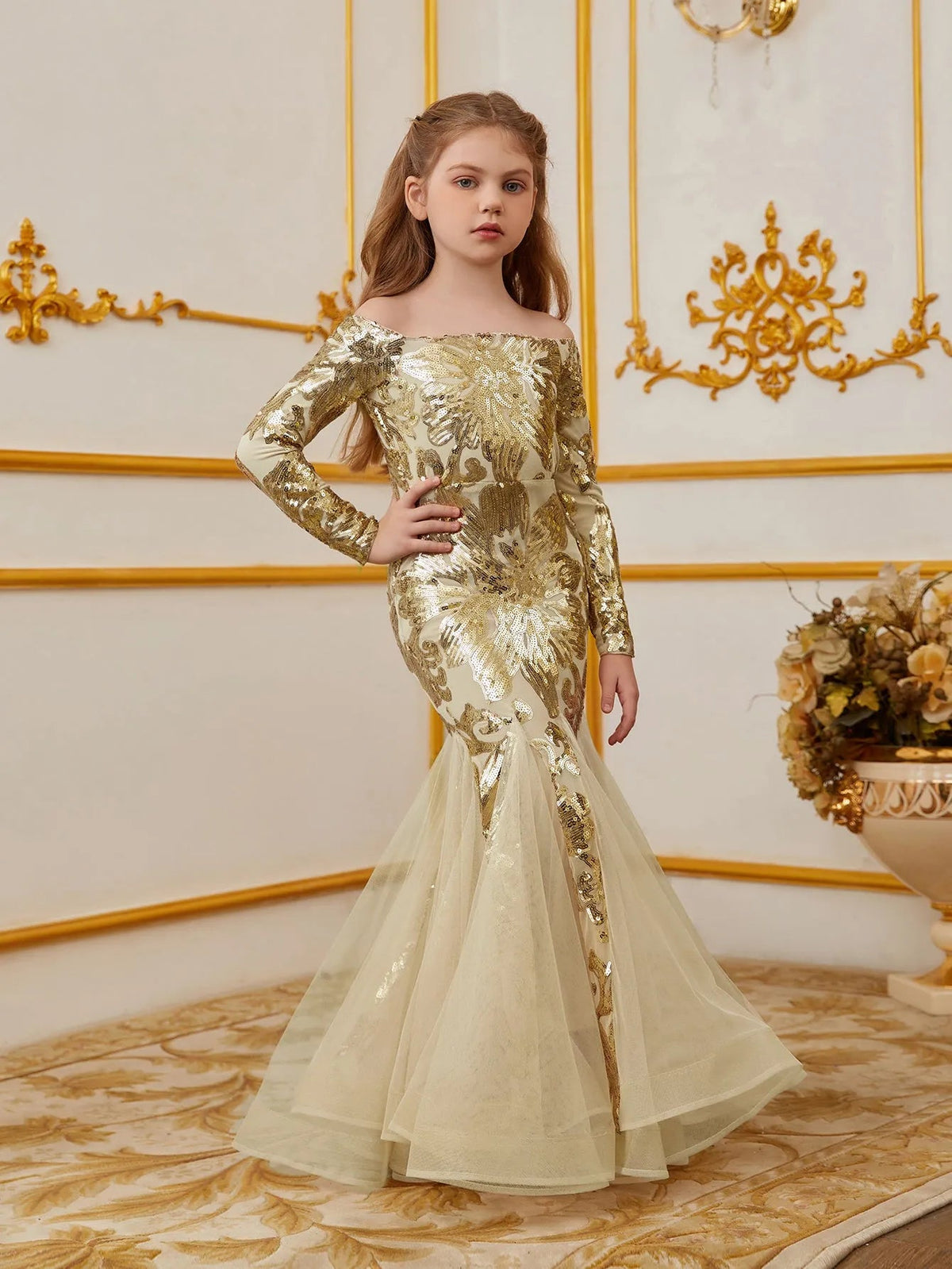Additional product view of Contrast Mesh Mermaid Hem Off-Shoulder Sequin Long-Sleeve Tween Girls' Party Dress
