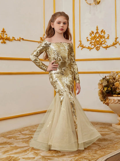 Additional product view of Contrast Mesh Mermaid Hem Off-Shoulder Sequin Long-Sleeve Tween Girls' Party Dress