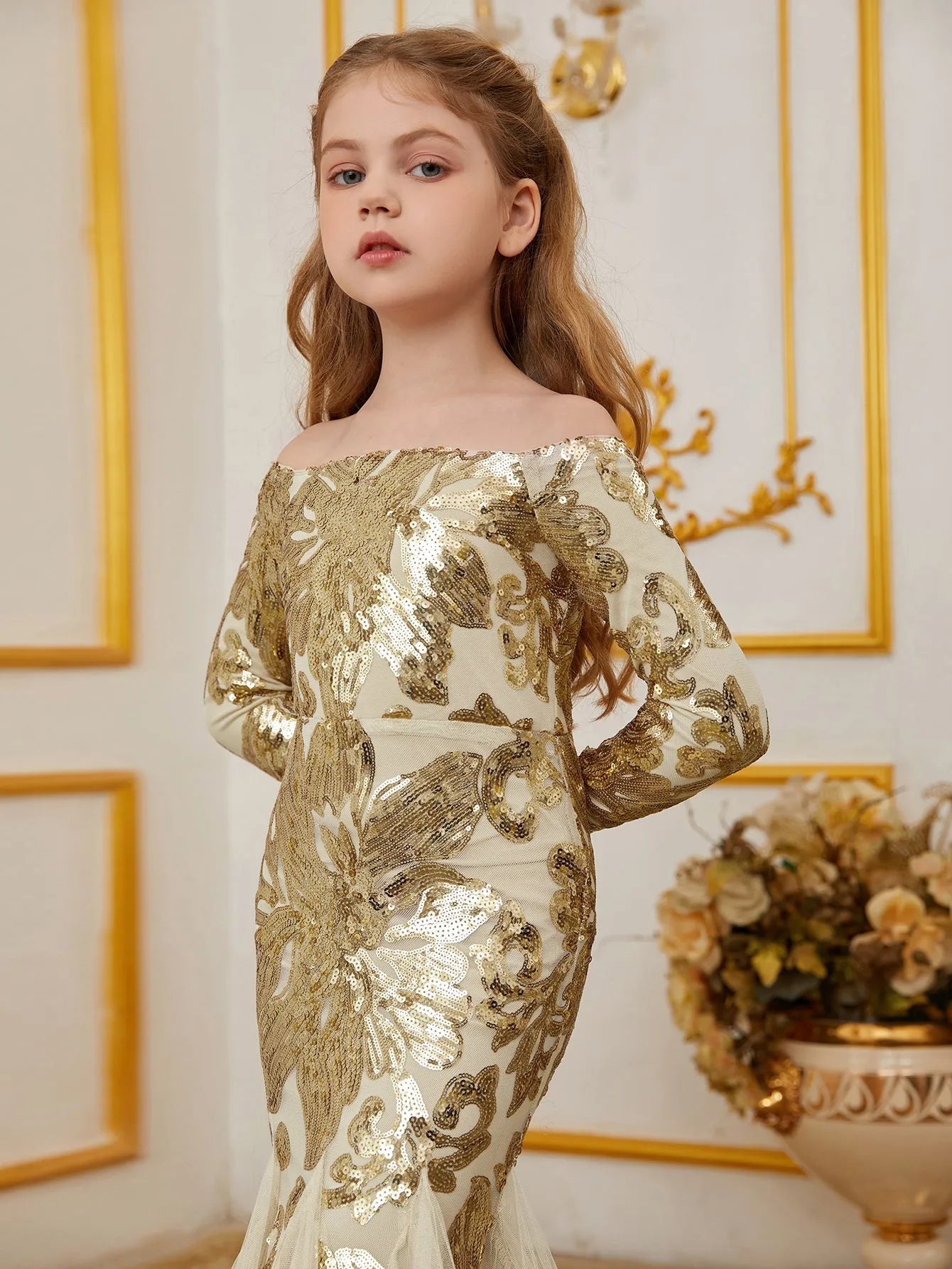 Additional product view of Contrast Mesh Mermaid Hem Off-Shoulder Sequin Long-Sleeve Tween Girls' Party Dress
