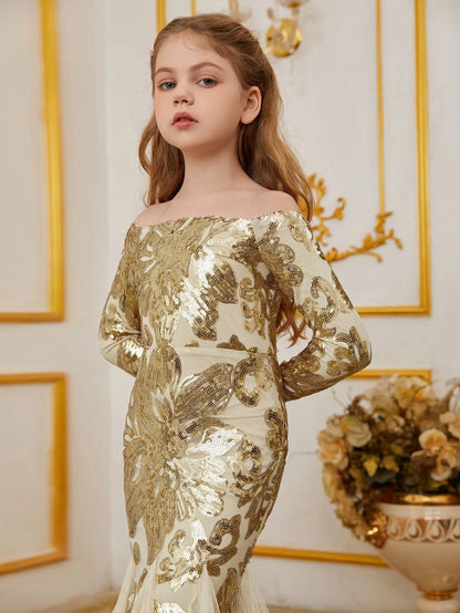 Additional product view of Contrast Mesh Mermaid Hem Off-Shoulder Sequin Long-Sleeve Tween Girls' Party Dress