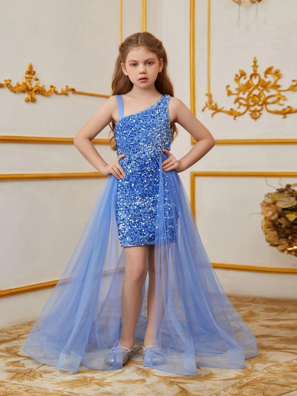 Additional product view of Mesh Overlay Asymmetrical Neckline Sequin A-Line Sleeveless Tween Girls' Party Dress