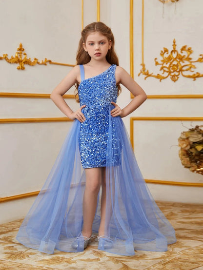 Additional product view of Mesh Overlay Asymmetrical Neckline Sequin A-Line Sleeveless Tween Girls' Party Dress