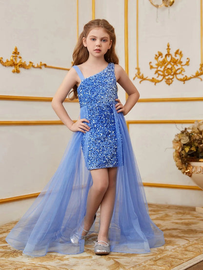 Alternate view of Mesh Overlay Asymmetrical Neckline Sequin A-Line Sleeveless Tween Girls' Party Dress in Light Blue
