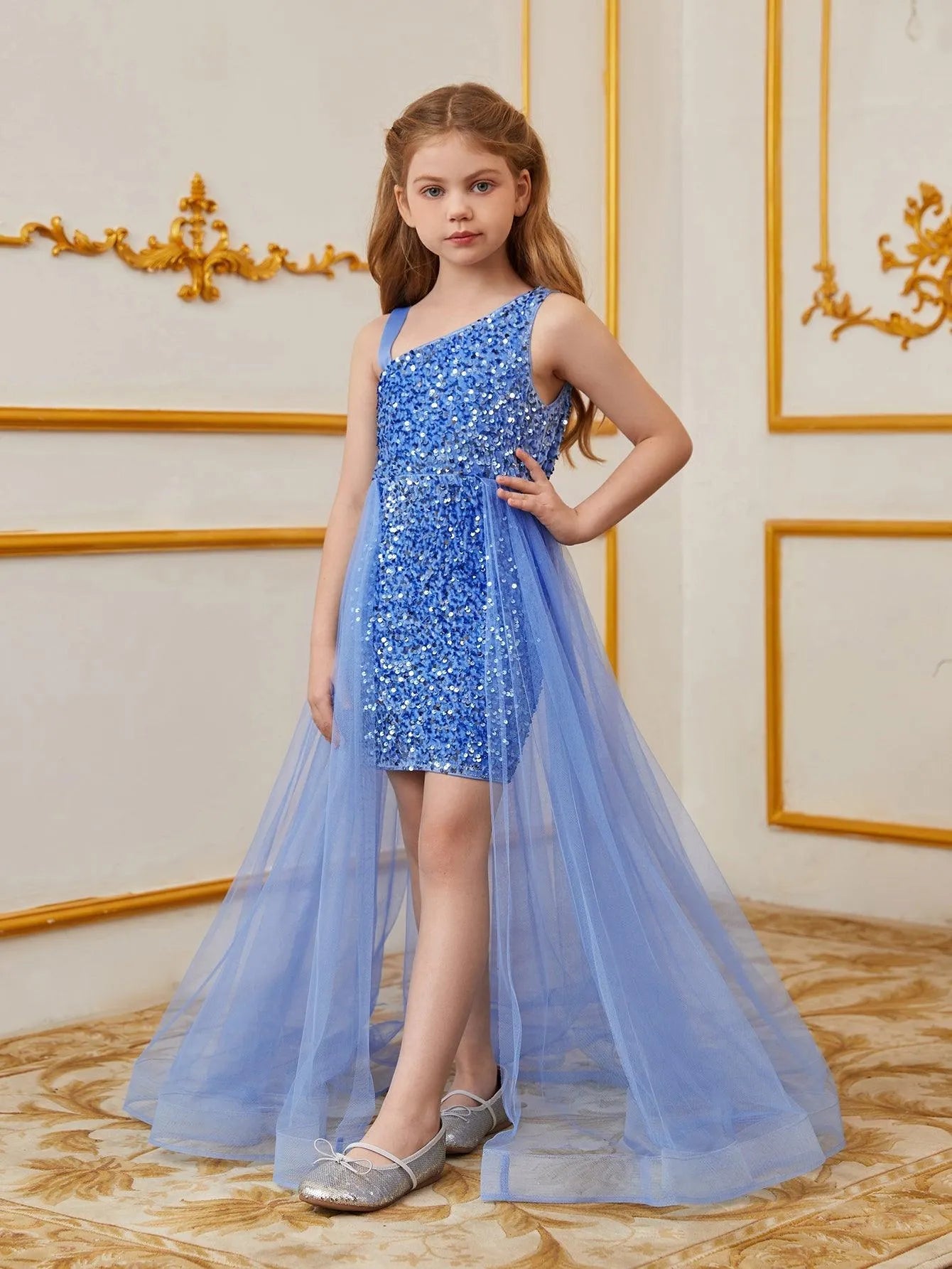 Additional product view of Mesh Overlay Asymmetrical Neckline Sequin A-Line Sleeveless Tween Girls' Party Dress