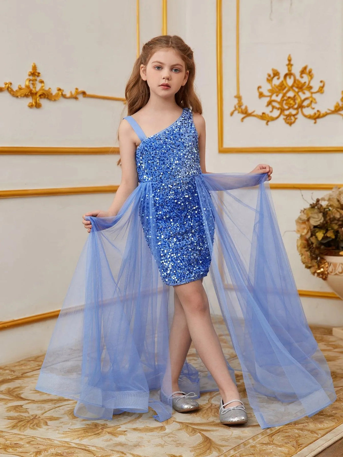 Additional product view of Mesh Overlay Asymmetrical Neckline Sequin A-Line Sleeveless Tween Girls' Party Dress