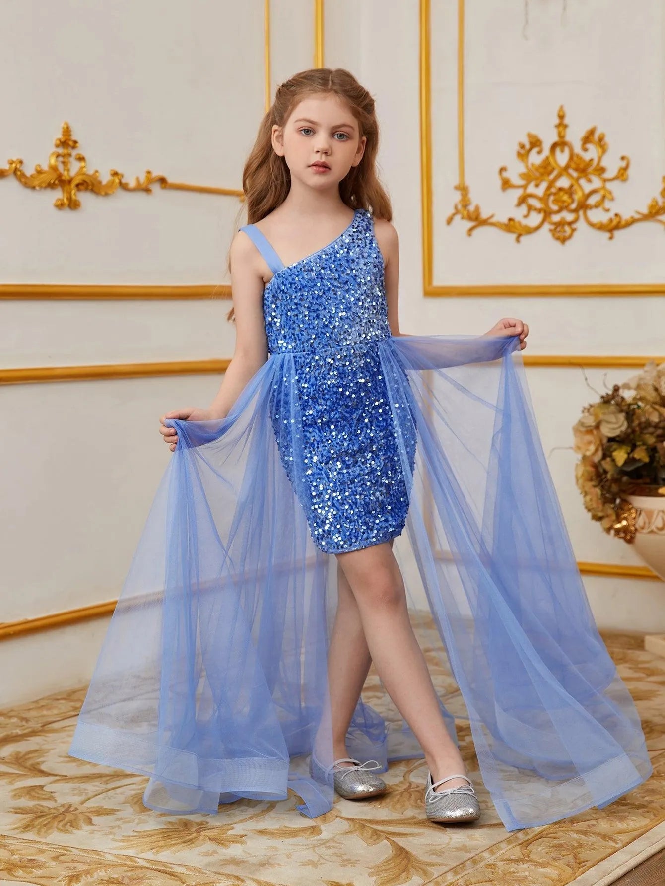 Additional product view of Mesh Overlay Asymmetrical Neckline Sequin A-Line Sleeveless Tween Girls' Party Dress