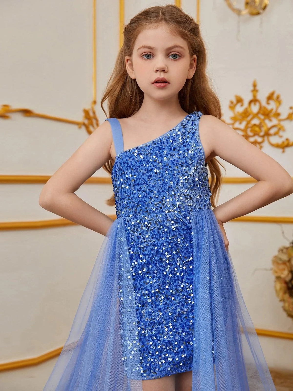 Additional product view of Mesh Overlay Asymmetrical Neckline Sequin A-Line Sleeveless Tween Girls' Party Dress