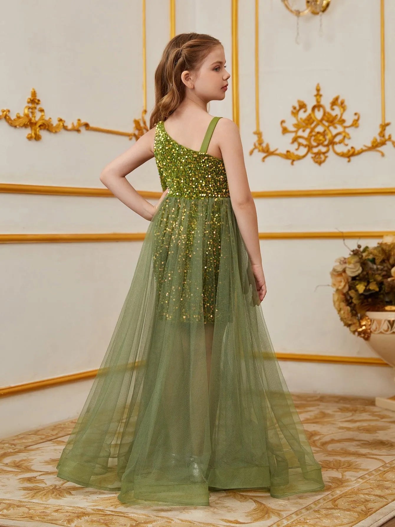 Additional product view of Mesh Overlay Asymmetrical Neckline Sequin A-Line Sleeveless Tween Girls' Party Dress