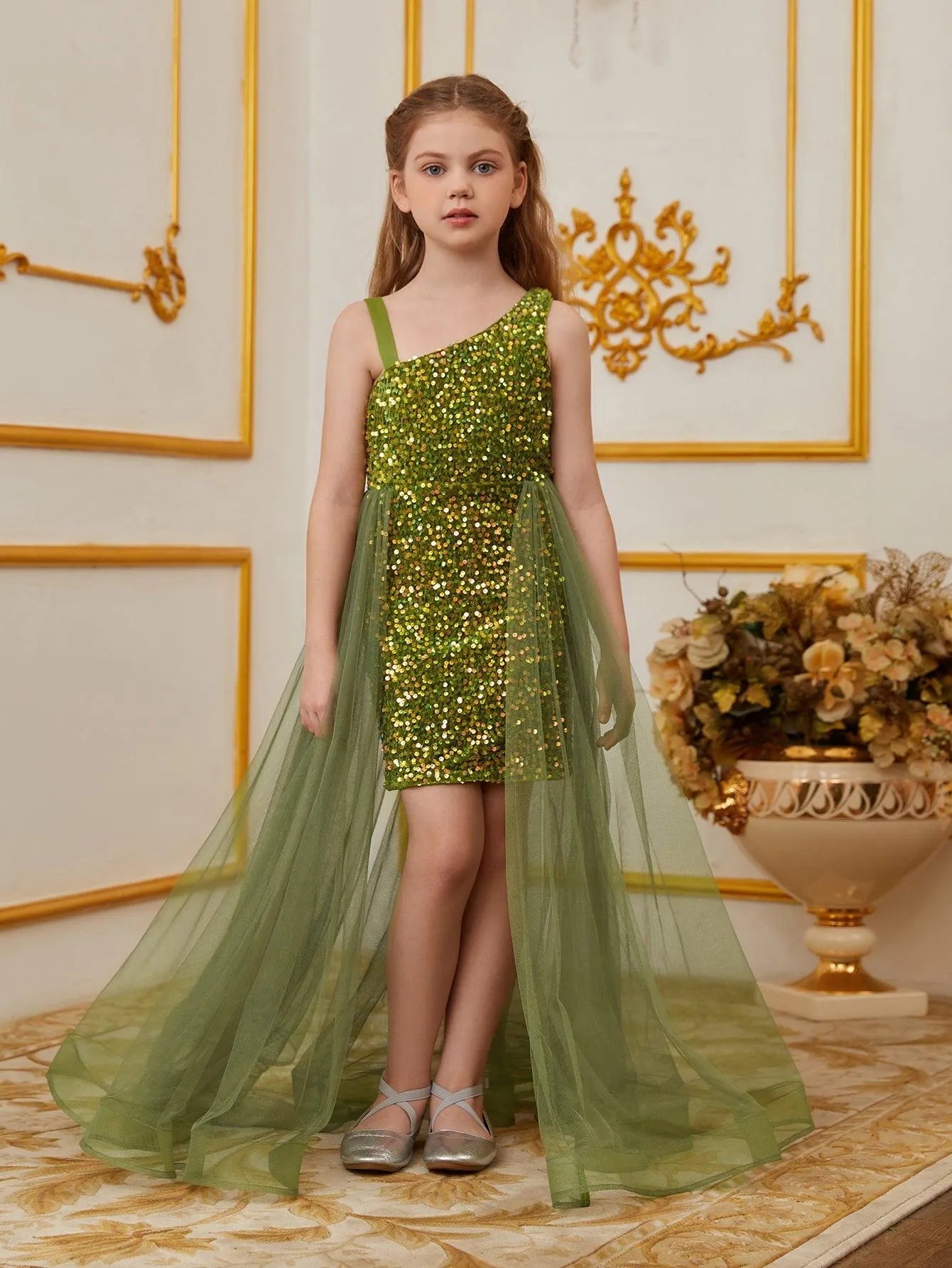Alternate view of Mesh Overlay Asymmetrical Neckline Sequin A-Line Sleeveless Tween Girls' Party Dress in Army Green