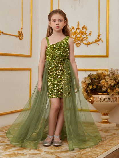 Alternate view of Mesh Overlay Asymmetrical Neckline Sequin A-Line Sleeveless Tween Girls' Party Dress in Army Green