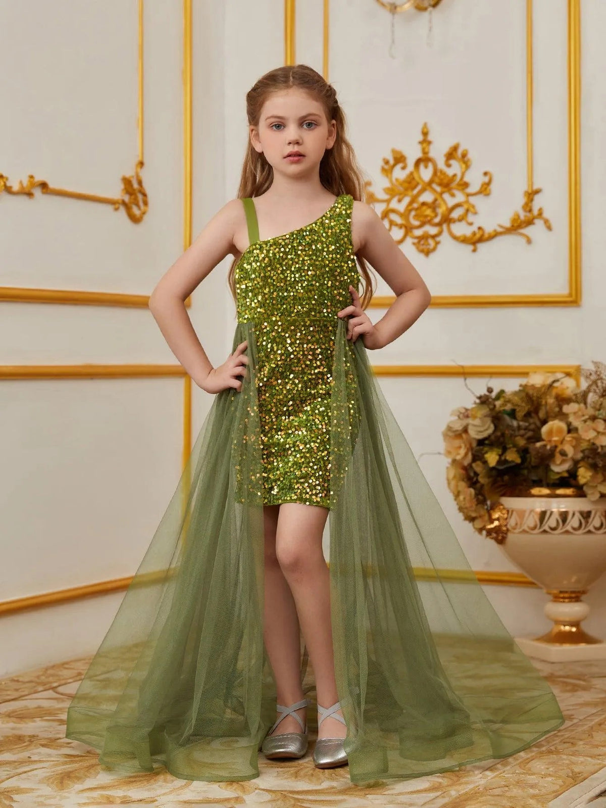 Additional product view of Mesh Overlay Asymmetrical Neckline Sequin A-Line Sleeveless Tween Girls' Party Dress