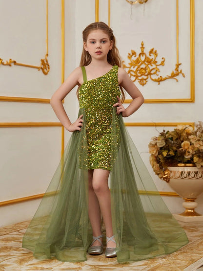 Additional product view of Mesh Overlay Asymmetrical Neckline Sequin A-Line Sleeveless Tween Girls' Party Dress