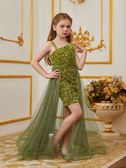 Additional product view of Mesh Overlay Asymmetrical Neckline Sequin A-Line Sleeveless Tween Girls' Party Dress