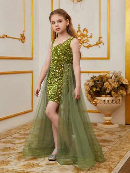 Additional product view of Mesh Overlay Asymmetrical Neckline Sequin A-Line Sleeveless Tween Girls' Party Dress