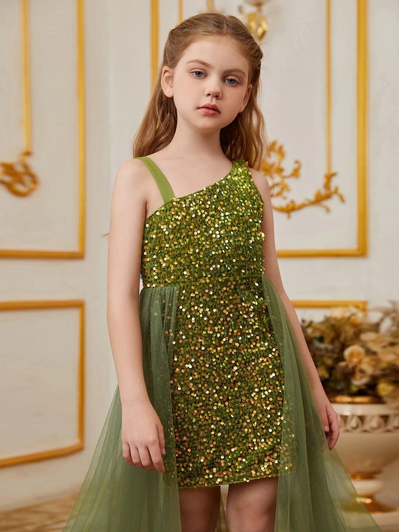 Additional product view of Mesh Overlay Asymmetrical Neckline Sequin A-Line Sleeveless Tween Girls' Party Dress