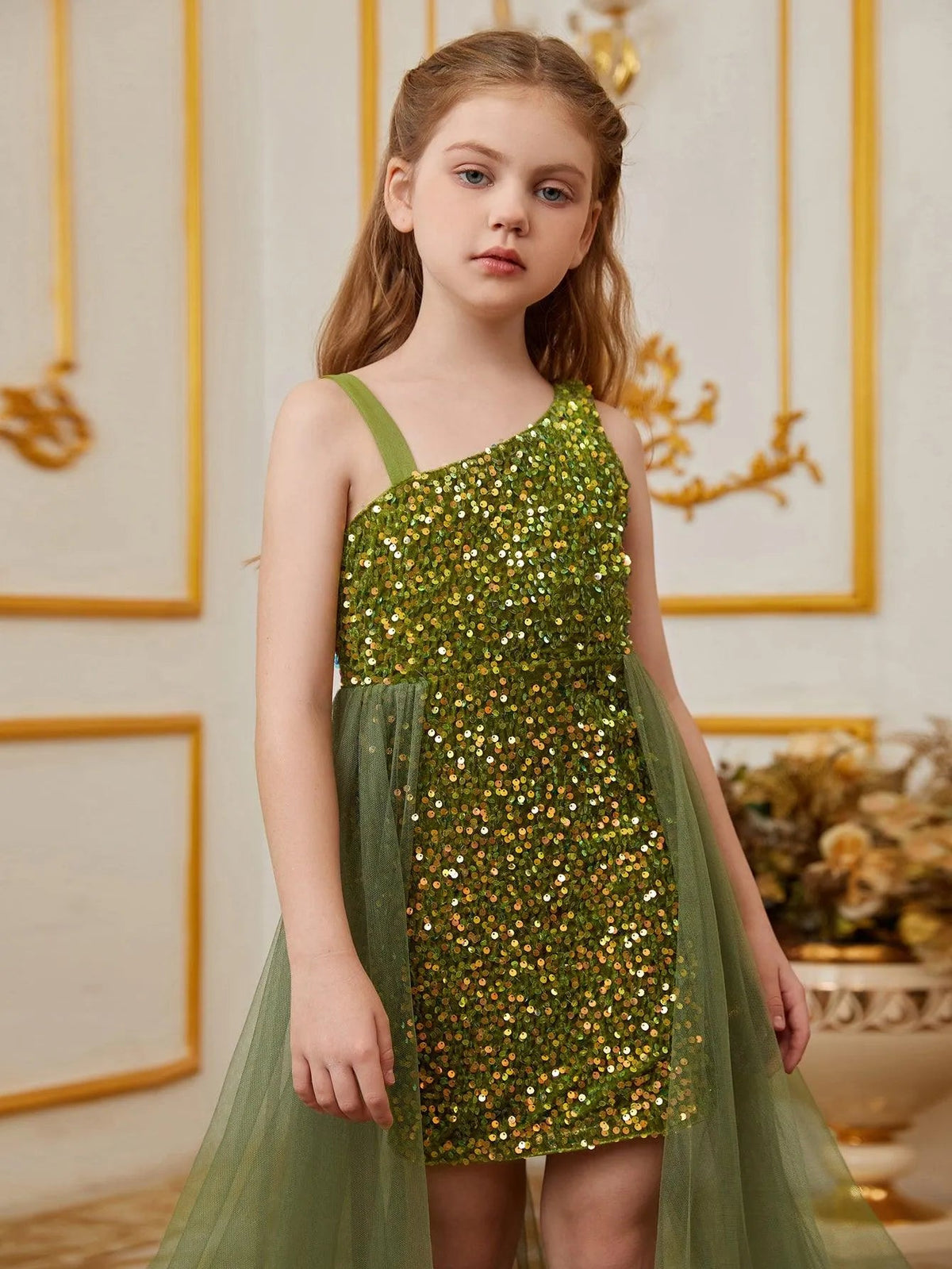 Additional product view of Mesh Overlay Asymmetrical Neckline Sequin A-Line Sleeveless Tween Girls' Party Dress