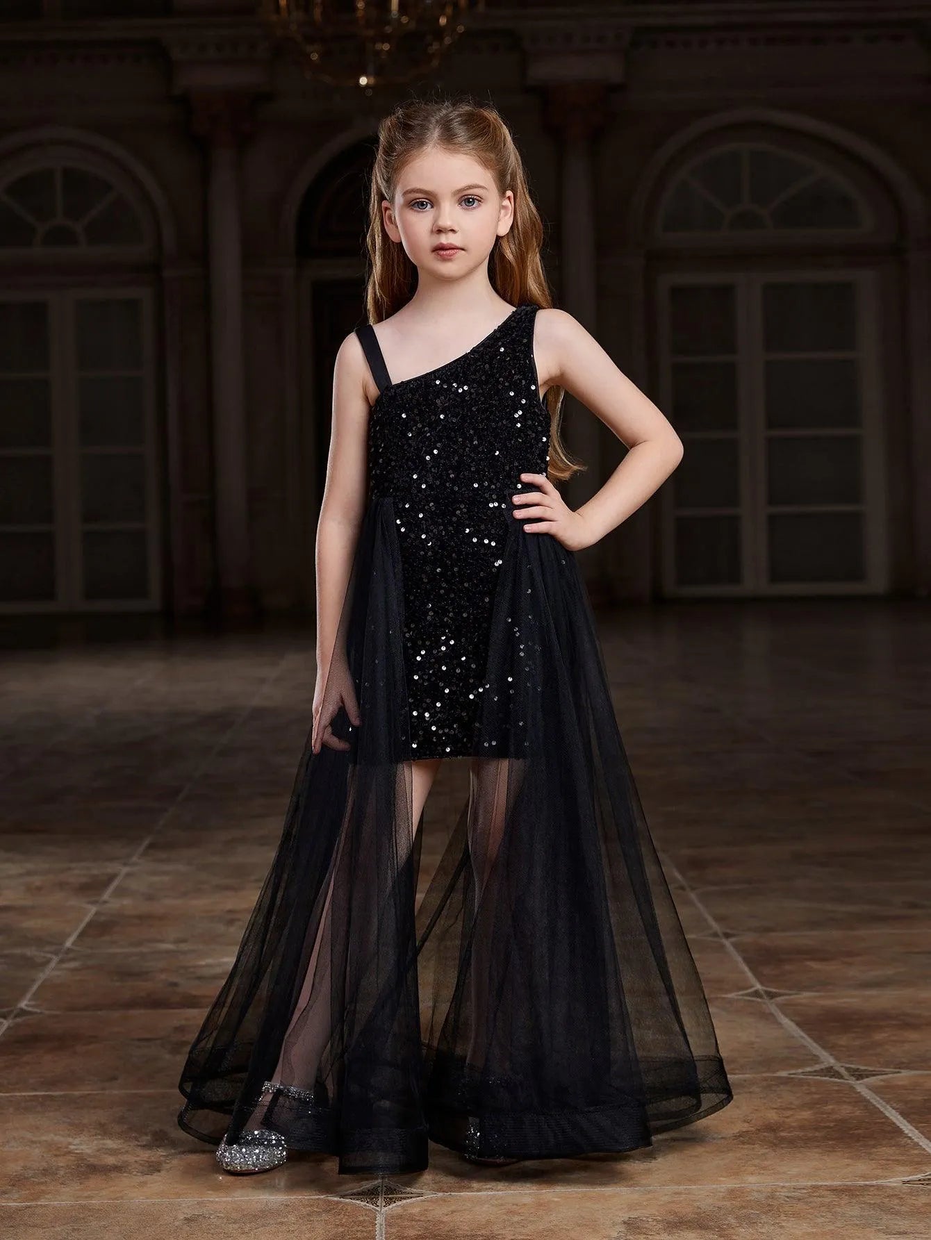 Additional product view of Mesh Overlay Asymmetrical Neckline Sequin A-Line Sleeveless Tween Girls' Party Dress