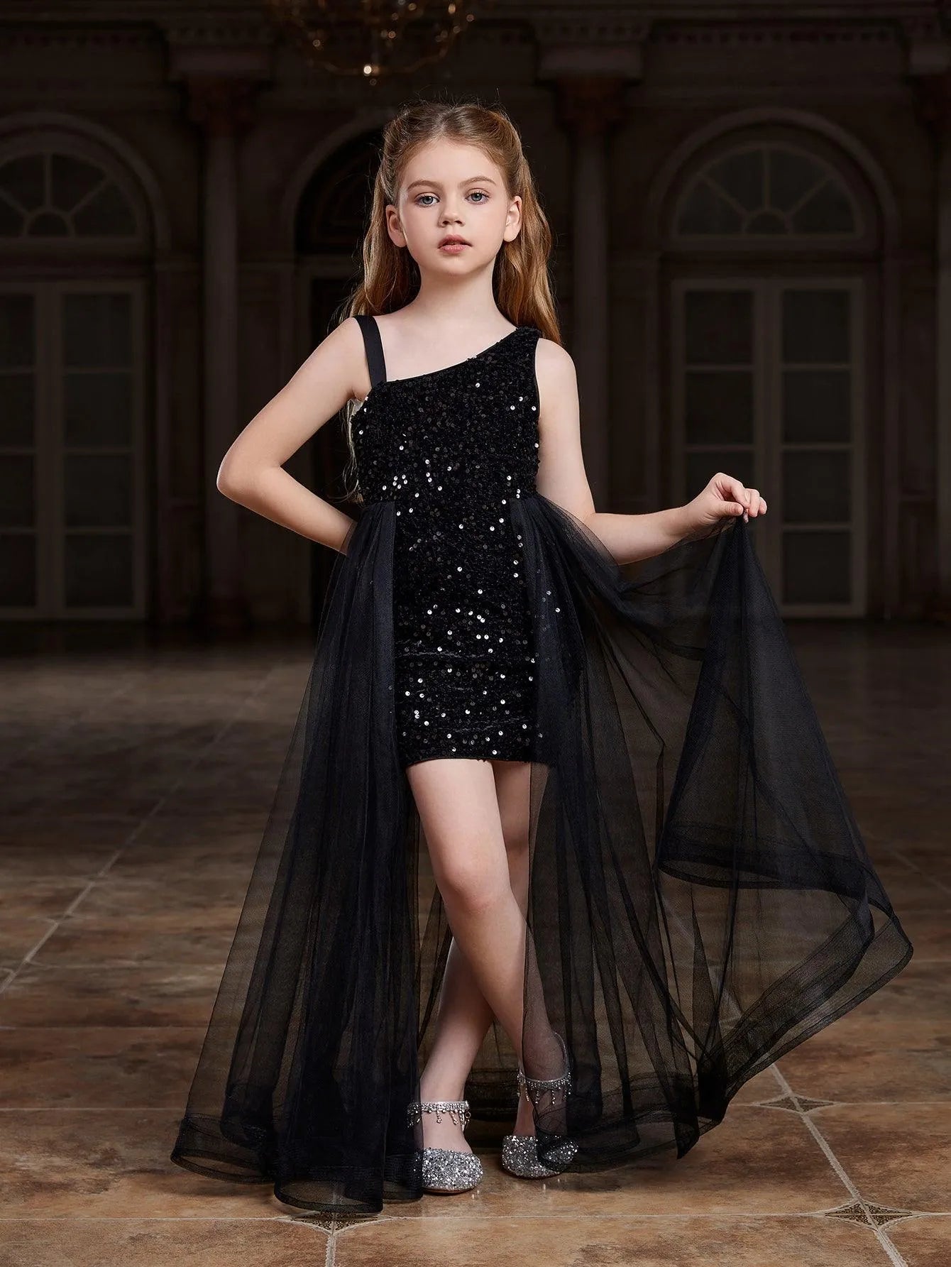 Alternate view of Mesh Overlay Asymmetrical Neckline Sequin A-Line Sleeveless Tween Girls' Party Dress in Black