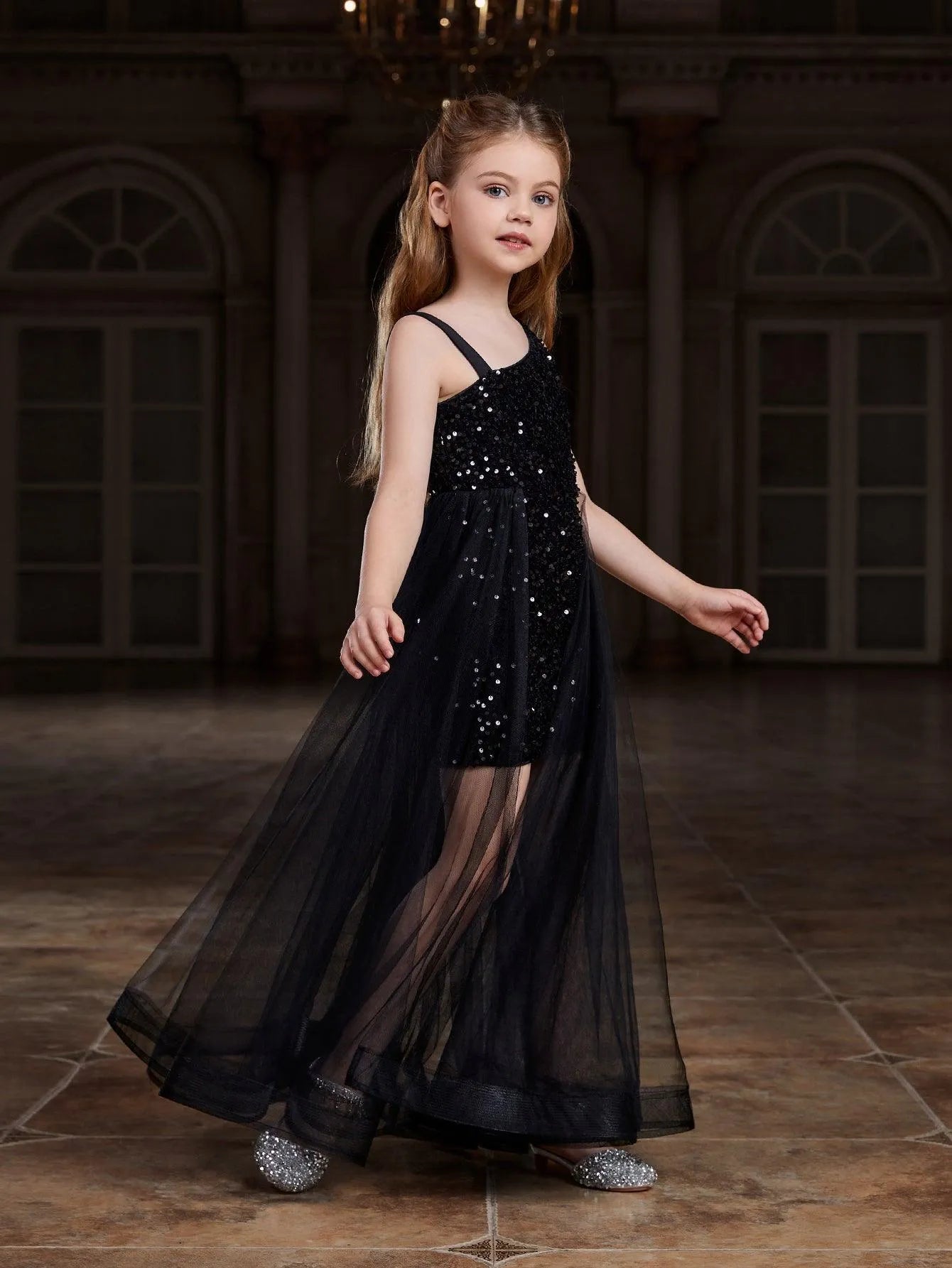 Additional product view of Mesh Overlay Asymmetrical Neckline Sequin A-Line Sleeveless Tween Girls' Party Dress