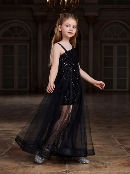 Additional product view of Mesh Overlay Asymmetrical Neckline Sequin A-Line Sleeveless Tween Girls' Party Dress