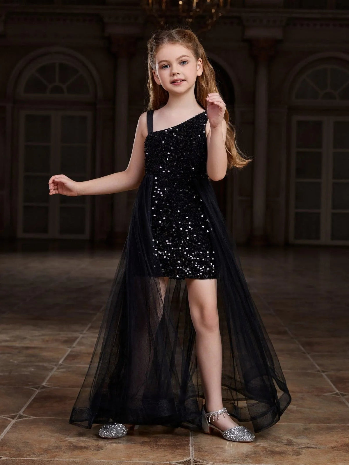 Additional product view of Mesh Overlay Asymmetrical Neckline Sequin A-Line Sleeveless Tween Girls' Party Dress