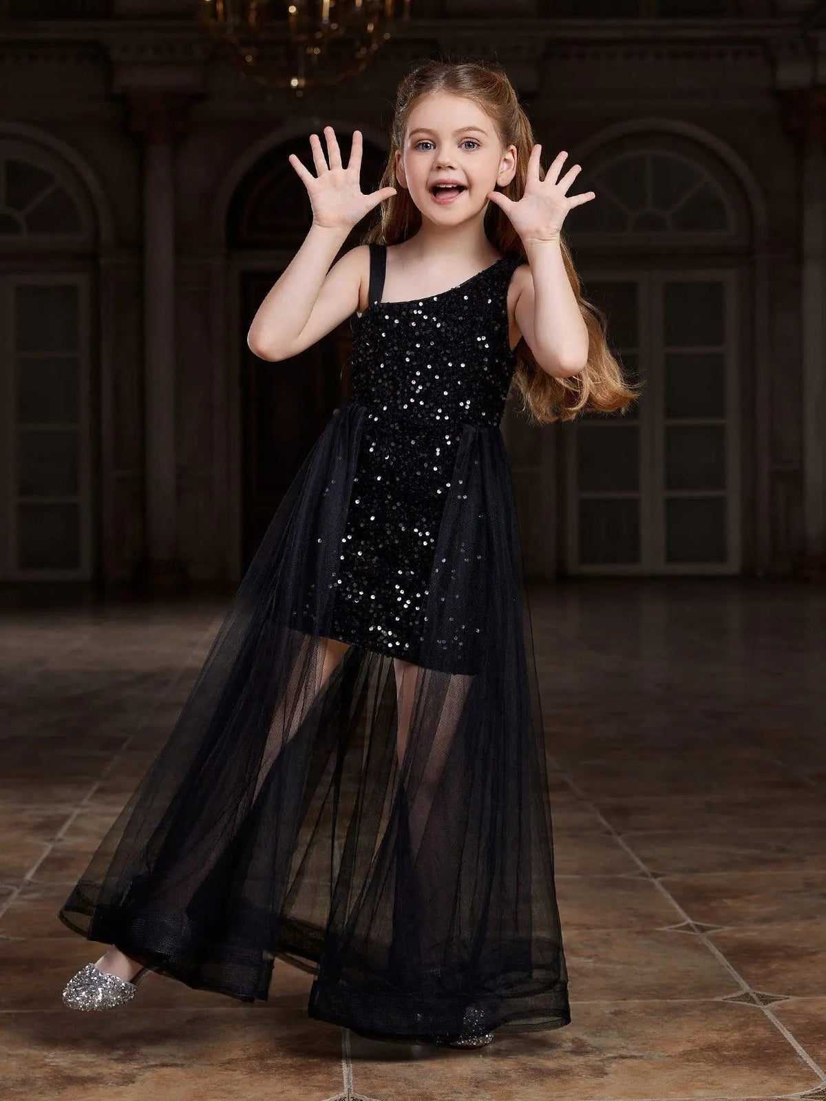 Additional product view of Mesh Overlay Asymmetrical Neckline Sequin A-Line Sleeveless Tween Girls' Party Dress