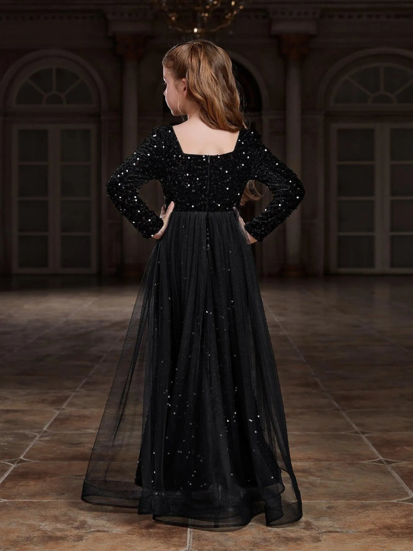 Additional product view of Square-Neck Sequin Mermaid Long-Sleeve Maxi Tween Girls' Party Dress