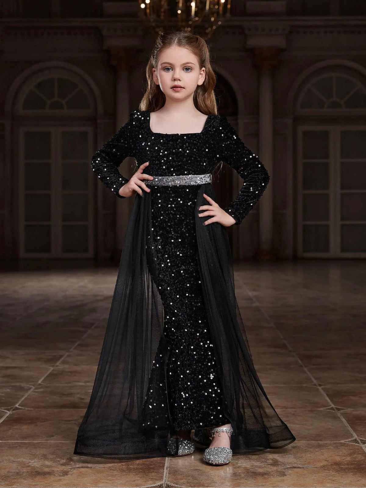 Alternate view of Square-Neck Sequin Mermaid Long-Sleeve Maxi Tween Girls' Party Dress in Black