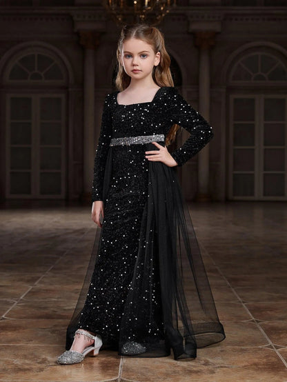 Additional product view of Square-Neck Sequin Mermaid Long-Sleeve Maxi Tween Girls' Party Dress