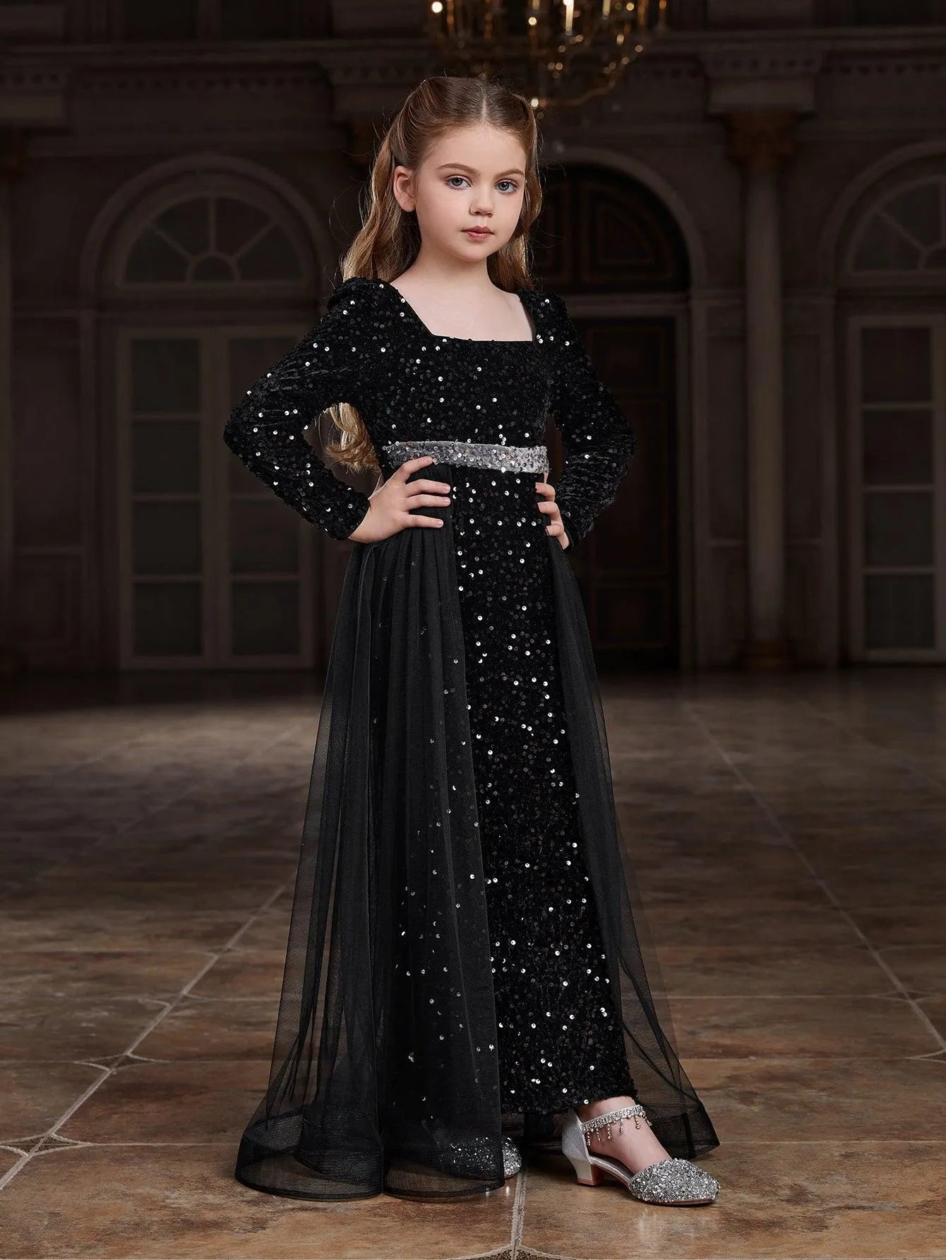 Additional product view of Square-Neck Sequin Mermaid Long-Sleeve Maxi Tween Girls' Party Dress