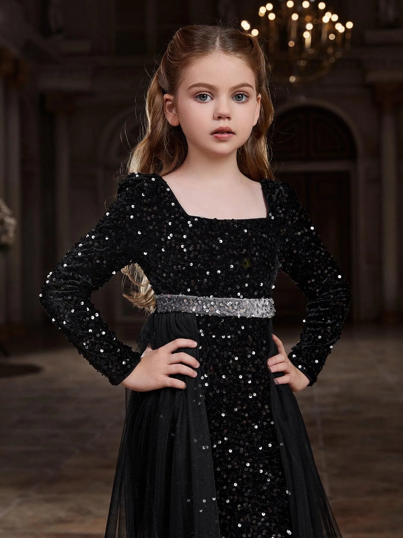 Additional product view of Square-Neck Sequin Mermaid Long-Sleeve Maxi Tween Girls' Party Dress