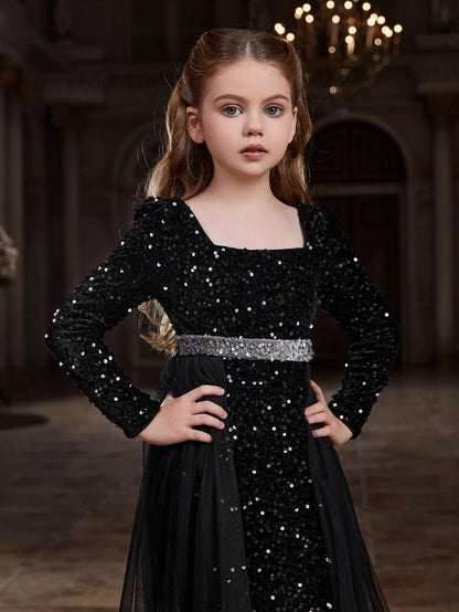 Additional product view of Square-Neck Sequin Mermaid Long-Sleeve Maxi Tween Girls' Party Dress