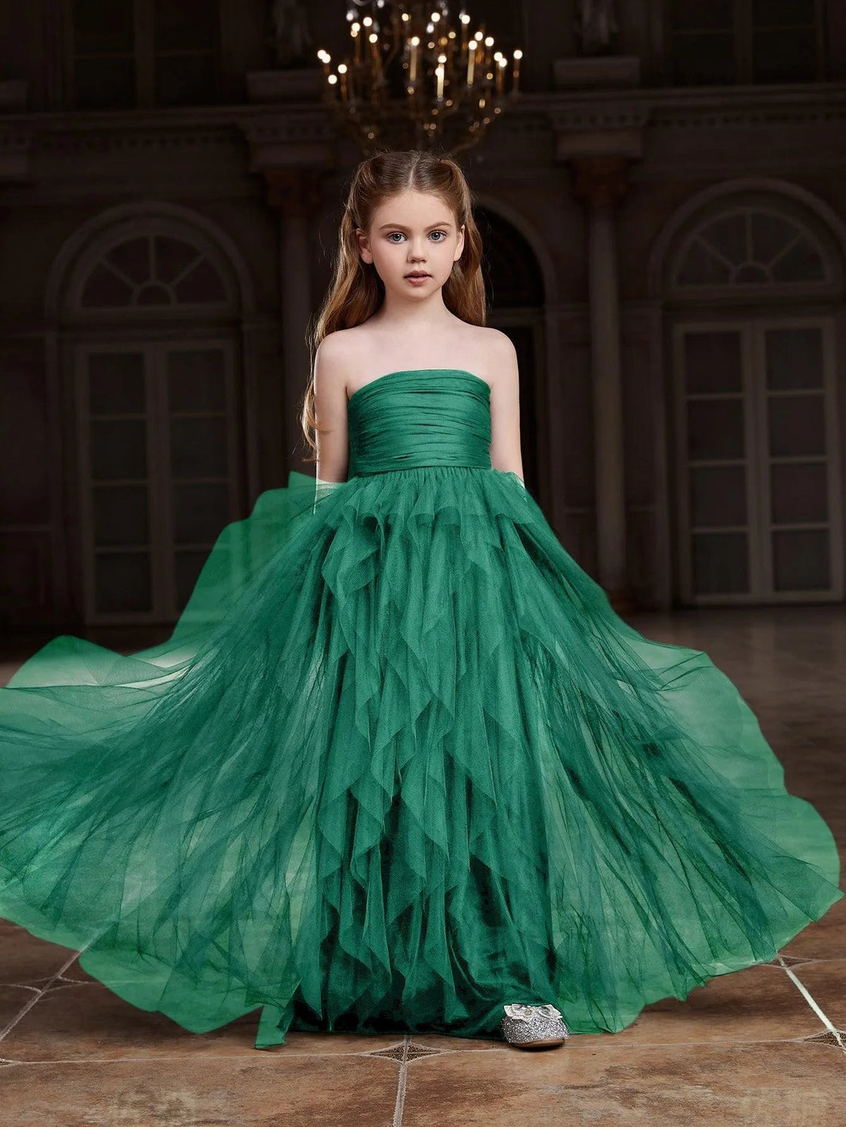 Additional product view of Layered Hem Strapless A-Line Sleeveless Mesh Tween Girls' Party Dress