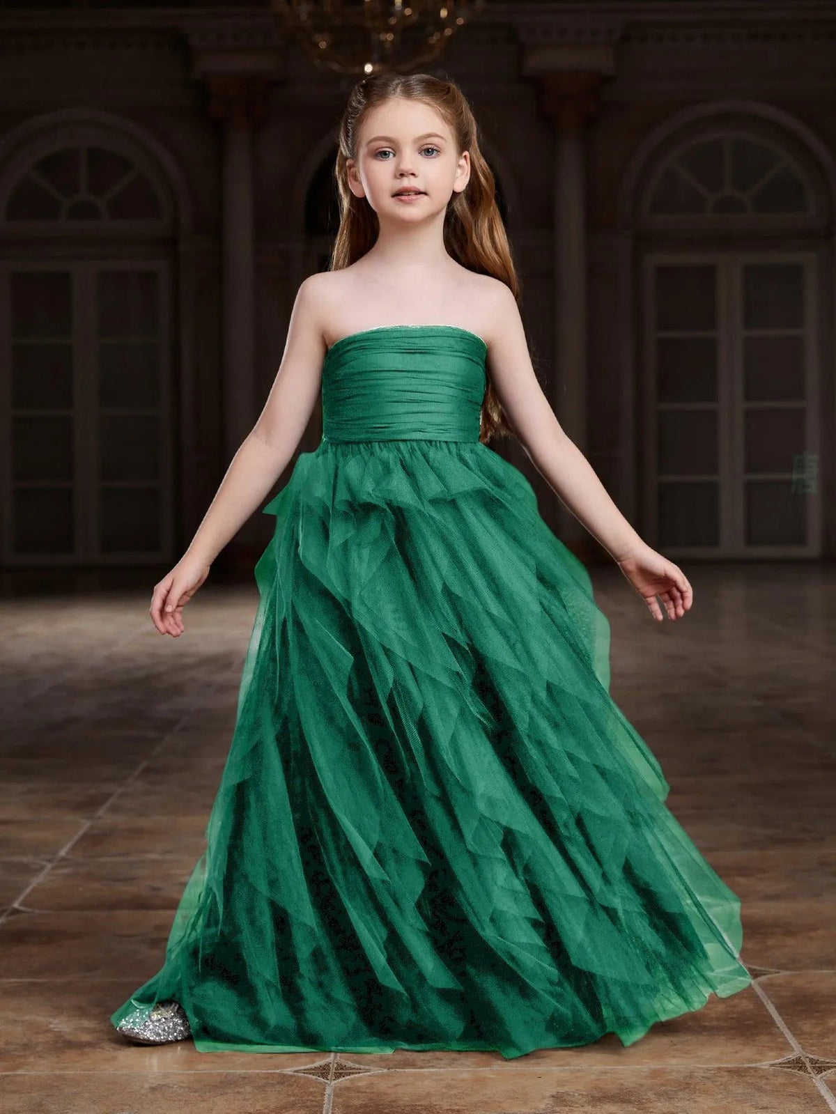 Additional product view of Layered Hem Strapless A-Line Sleeveless Mesh Tween Girls' Party Dress