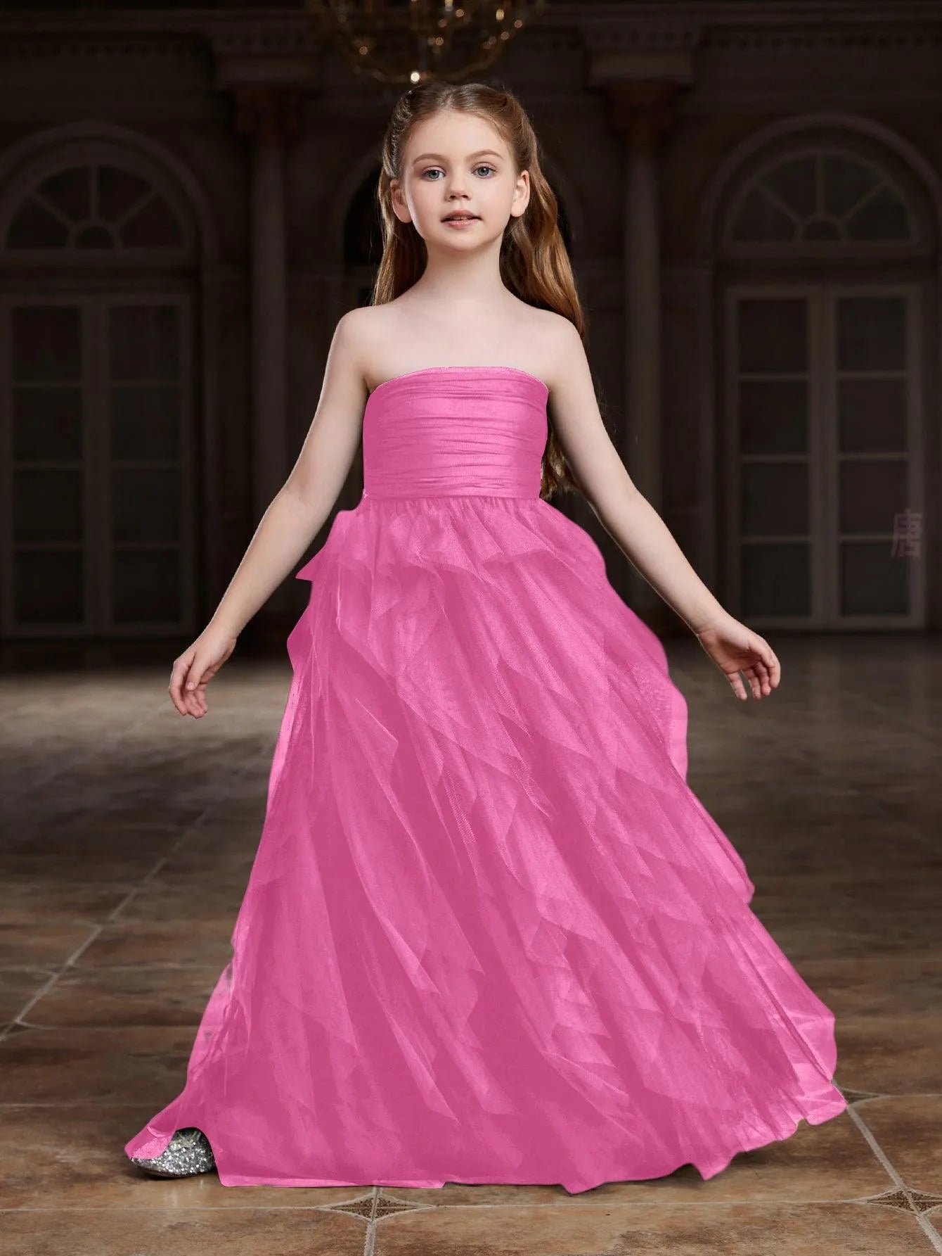 Additional product view of Layered Hem Strapless A-Line Sleeveless Mesh Tween Girls' Party Dress