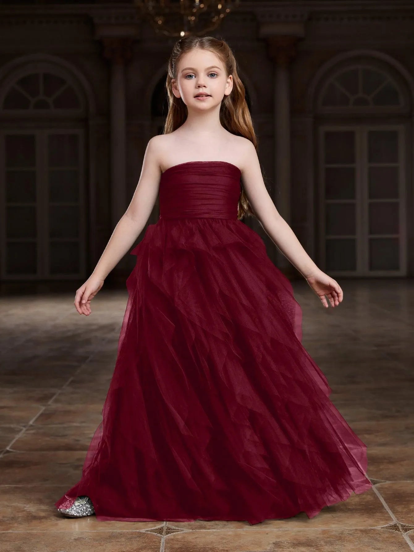 Additional product view of Layered Hem Strapless A-Line Sleeveless Mesh Tween Girls' Party Dress