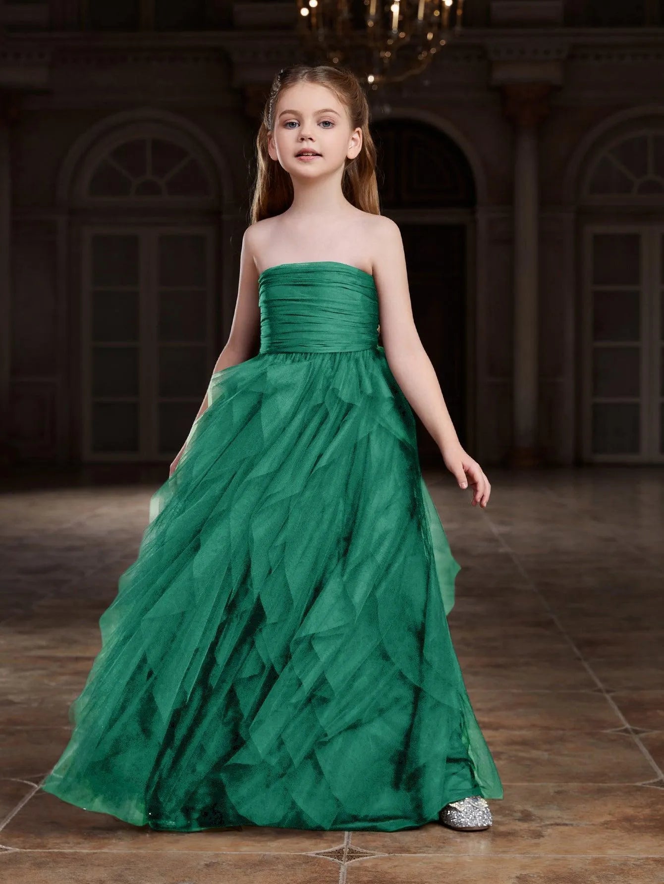 Additional product view of Layered Hem Strapless A-Line Sleeveless Mesh Tween Girls' Party Dress