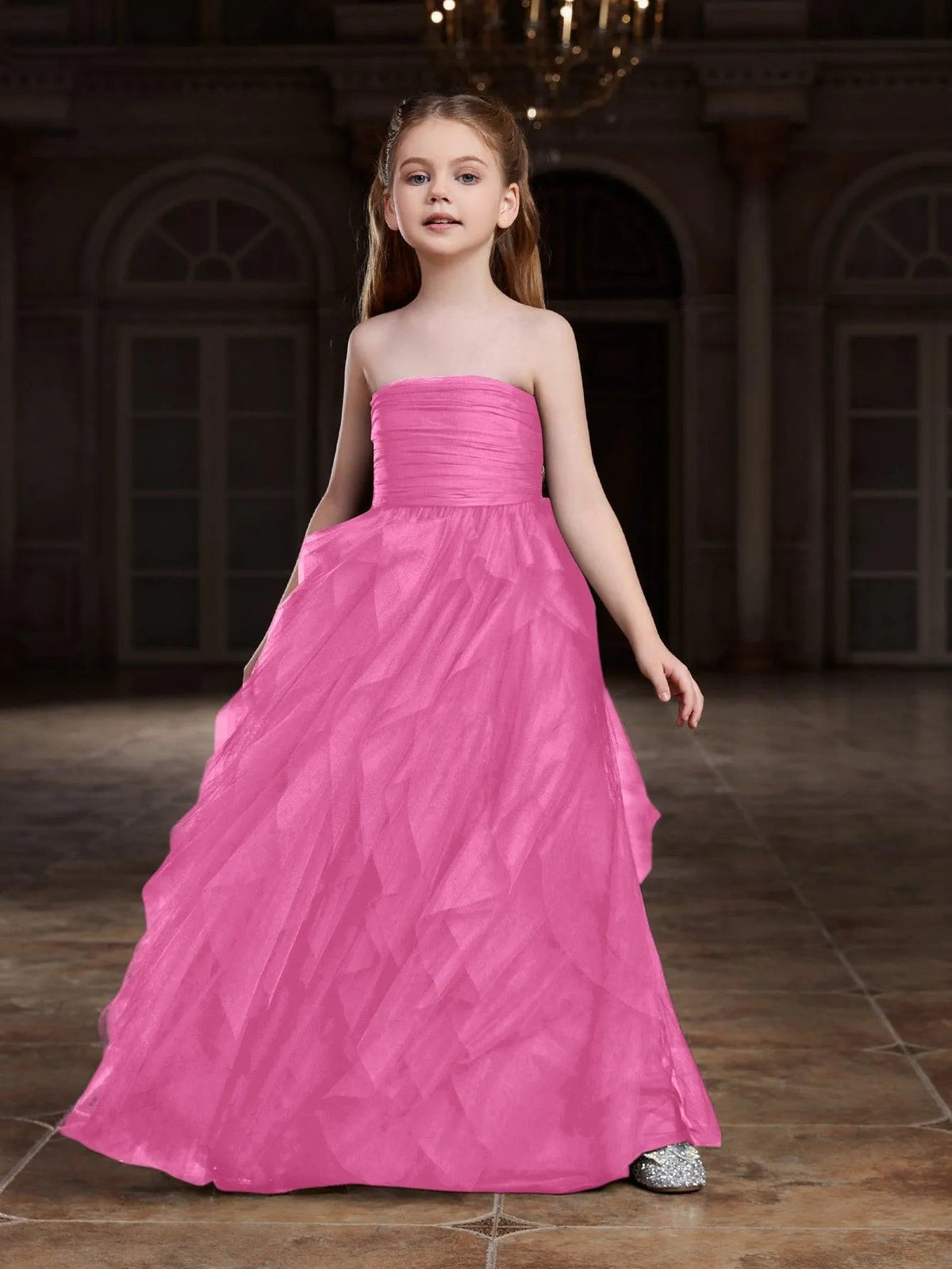 Additional product view of Layered Hem Strapless A-Line Sleeveless Mesh Tween Girls' Party Dress