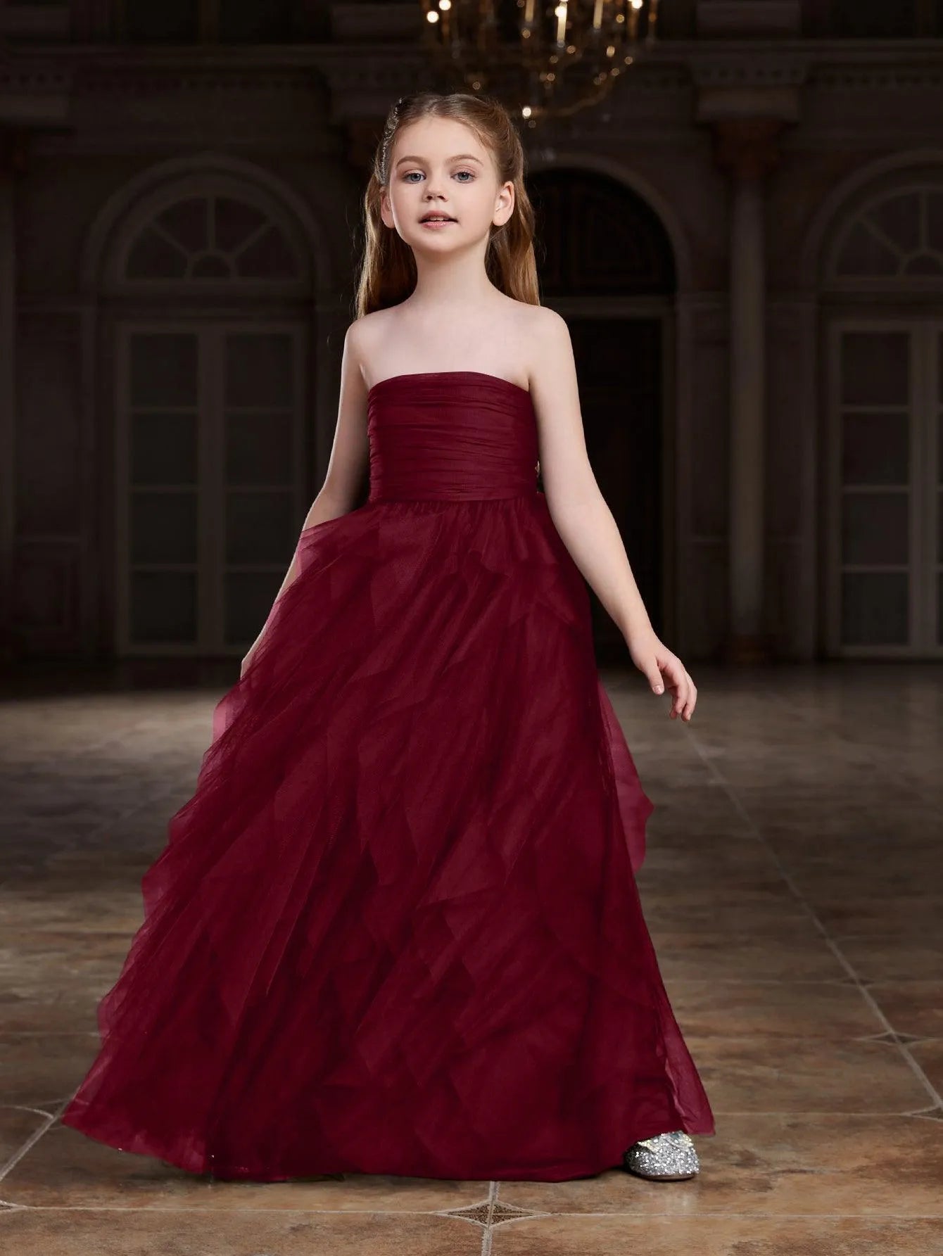Additional product view of Layered Hem Strapless A-Line Sleeveless Mesh Tween Girls' Party Dress